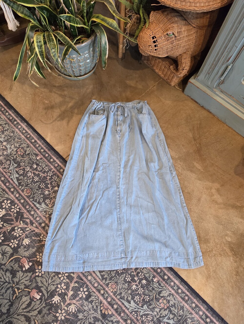 Vintage 90's Crazy Horse Tencel Denim Flowy Adjustable Tie Waist Midi Skirt S-M